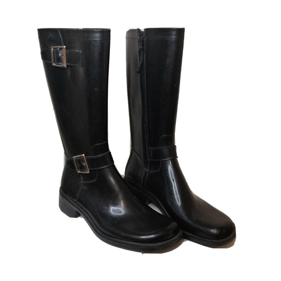 Donald J Pliner Women's Boots Shiny Black Decorative Straps Zip Up Size 8 - Picture 1 of 5